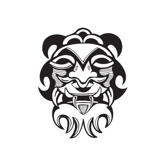 Happy bearded tiki face decal in black-and-white, stylized mask with beard