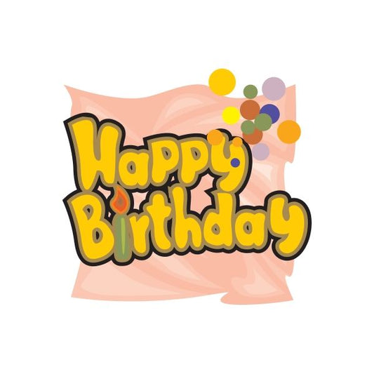 Happy Birthday sticker with yellow text and multicolor confetti dots on pink background