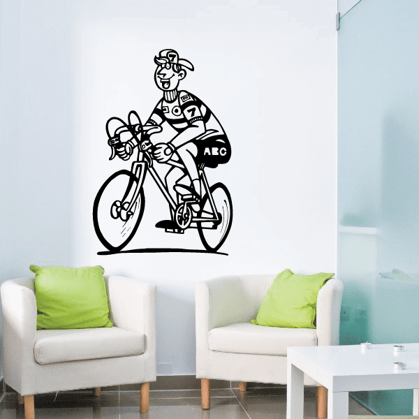 Cartoon cyclist wall decal, black line art with bicycle and helmet