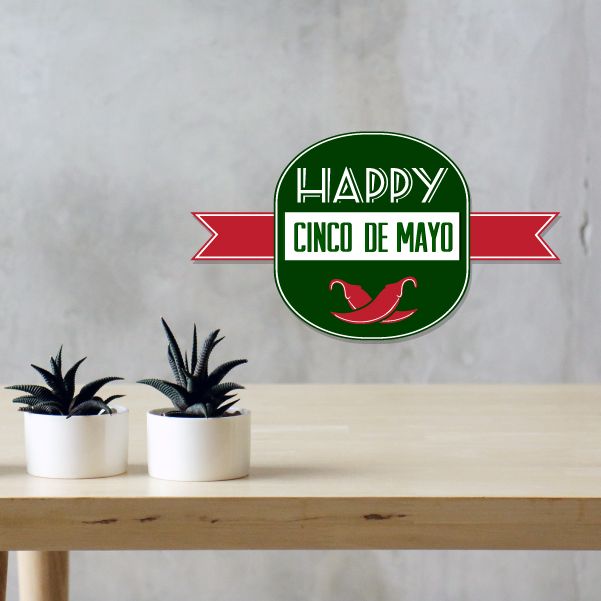 Happy Cinco de Mayo wall decal: green circle with text, red ribbon, chili pepper graphic