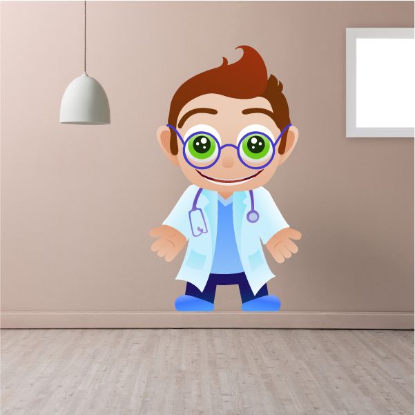 Happy doctor sticker: cartoon child in light blue coat with green glasses and stethoscope