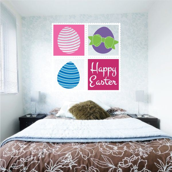 Easter egg square decals set: striped eggs and “Happy Easter” print