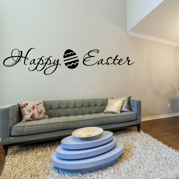 Happy Easter egg wall decal with cursive “Happy Easter” text and striped egg