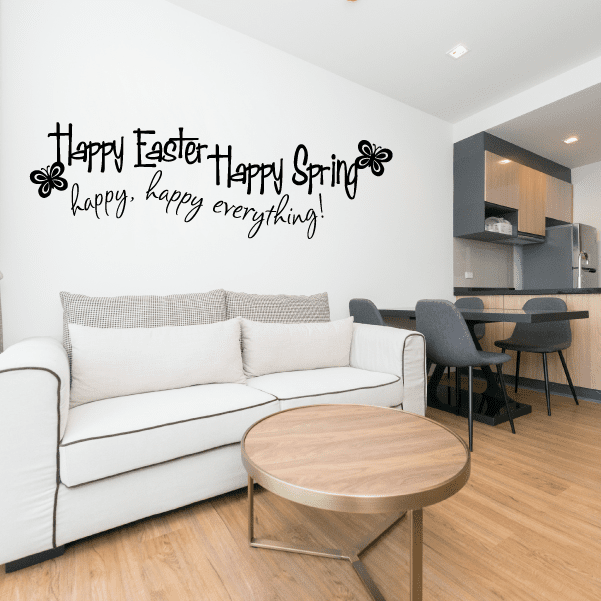 Easter and spring wall decal with cursive "Happy Easter" and "Happy Spring" text