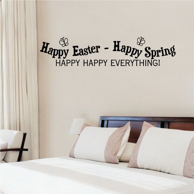 Wall decal with black text: Happy Easter - Happy Spring and happy happy everything