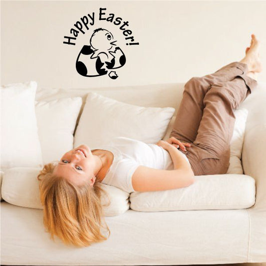 Easter hatching chick decal with black chick and 'Happy Easter' text