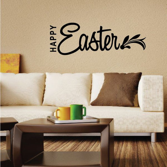 Happy Easter wall decal with black lettering and leafy Easter design