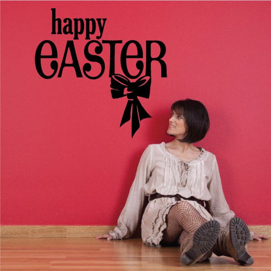 Easter text ribbon decal with black “happy EASTER” lettering and bow