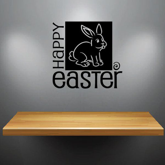 Square Easter wall decal with Happy Easter text and bunny illustration