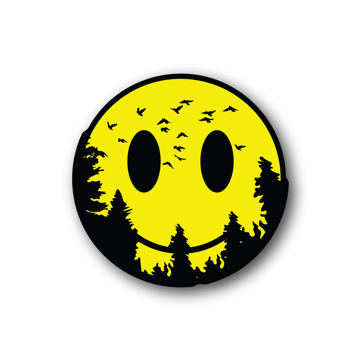 Vinyl sticker: yellow moon face with smile, black bats-like shapes