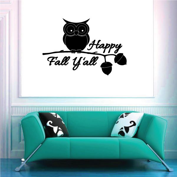 Fall owl decal with "Happy Fall y'all" text and leaf accents