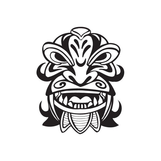 Happy fanged tiki decal, bold black-and-white tribal face with wide grin and teeth