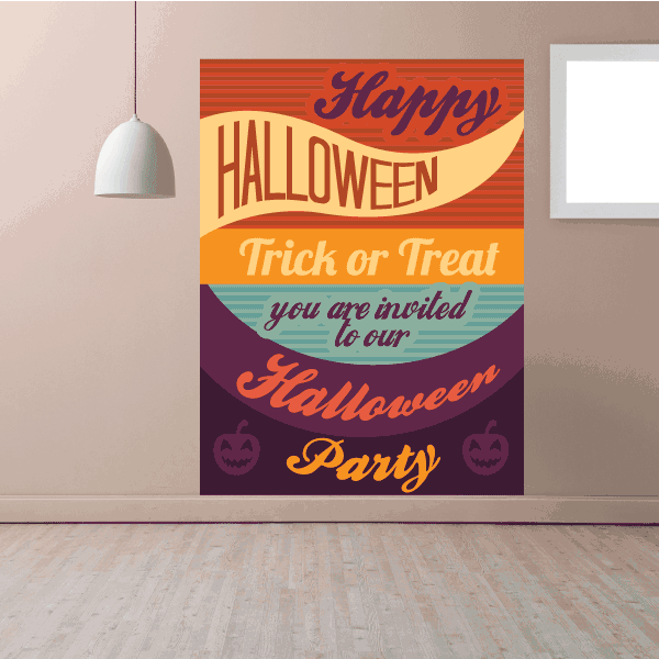 Halloween party sticker with orange and purple text "Happy Halloween" and "Trick or Treat".