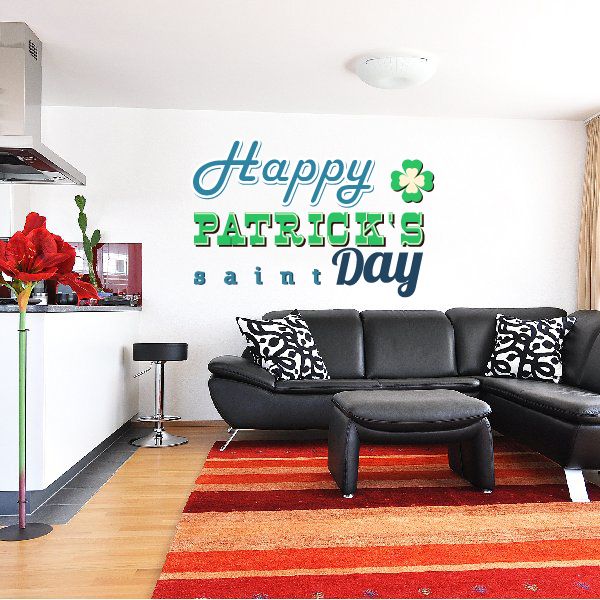 Happy Patrick's Saint Day typography wall decal with green shamrocks