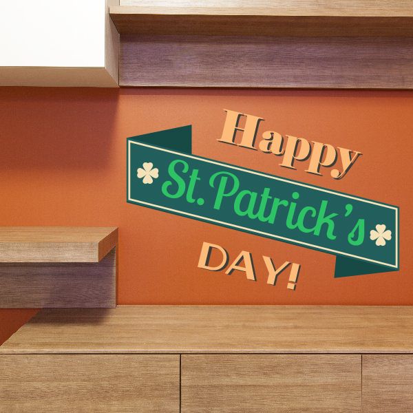 Green angled St. Patrick's Day banner decal with shamrocks and “Happy St. Patrick’s Day!”
