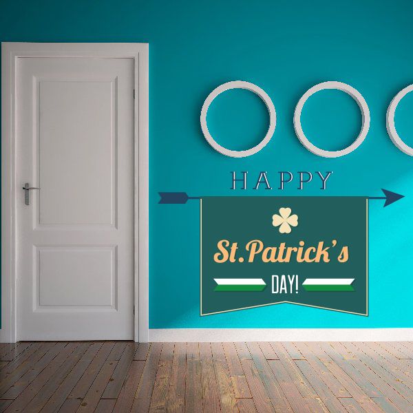 Arrow banner decal: "Happy" and "St. Patrick's Day!" with clover accents