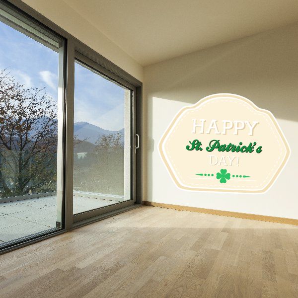 Happy St Patrick's Day stone-style decal with arched badge, clover, and 'Happy' text