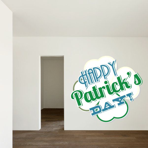 Happy St. Patrick's Day sticker with green shamrock and blue lettering