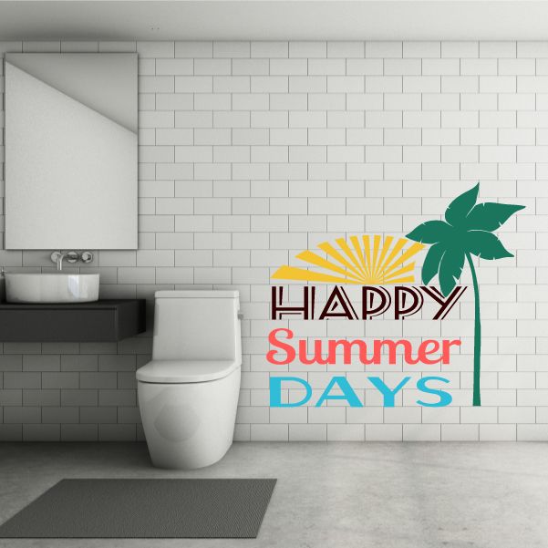Summer Days wall decal with sun rays, palm tree, and colorful "Happy Summer Days" text