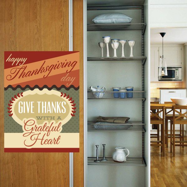 Thanksgiving typography sticker, red and cream text: Happy Thanksgiving day, Give Thanks, Grateful Heart