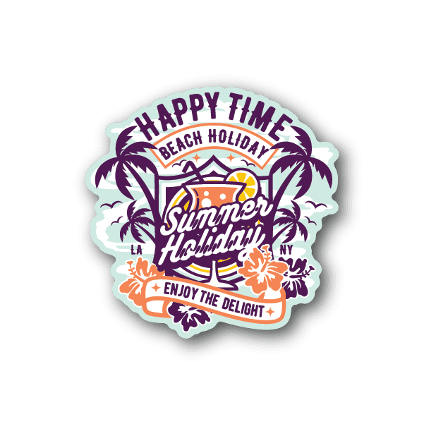 Happy Time beach holiday vinyl sticker, circular badge with palm trees and surf wave