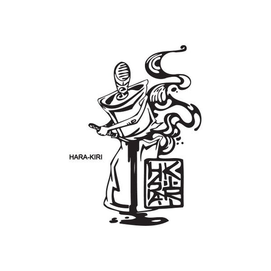 Spray paint can decal with a black line-art koi figure and HARA-KIRI text