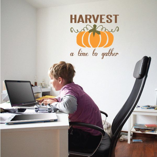 Pumpkin wall decal with "HARVEST" and "a time to gather" text