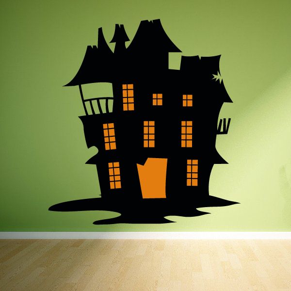 Haunted house decal, black silhouette with orange glowing windows and door