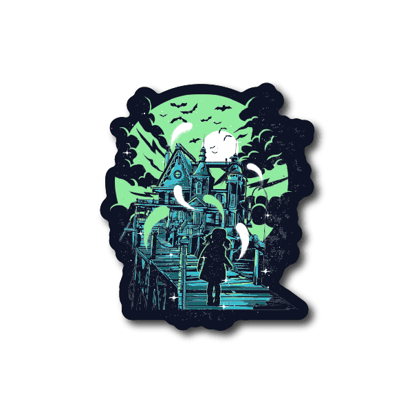 Haunted house vinyl sticker with spooky castle and walkway scene in green and dark blue.