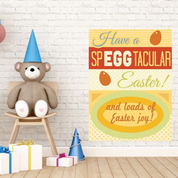 Easter rectangle sticker with colorful text and egg icons, whimsical design