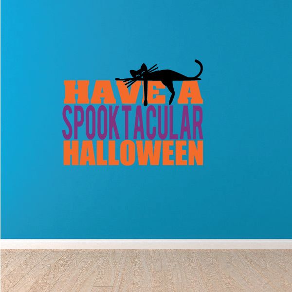 Halloween wall decal with orange and purple lettering and black cat silhouette
