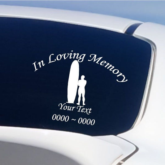 Memorial decal reading "In Loving Memory" with surfer silhouette and custom text