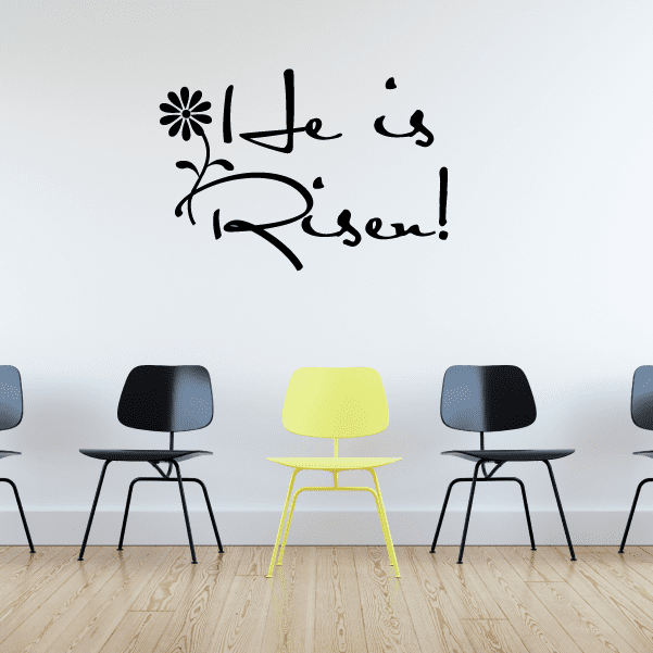 Religious wall decal: black 'He is Risen!' script with small flower icon