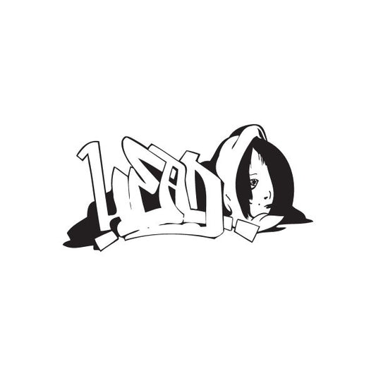 Graffiti head decal with hooded figure and black-and-white urban lettering