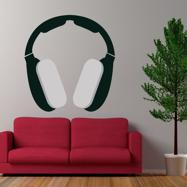Headphones wall decal vinyl with dark green outline and white ear pads