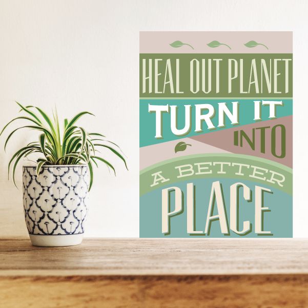 Rectangular inspirational sticker with leaf icons, potted plant, and teal message text