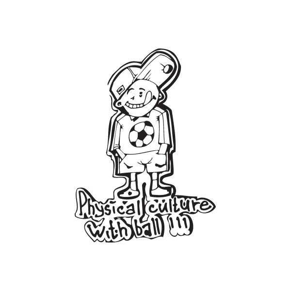 Vinyl wall decal of cartoon child holding a soccer ball with bold fitness text in outline