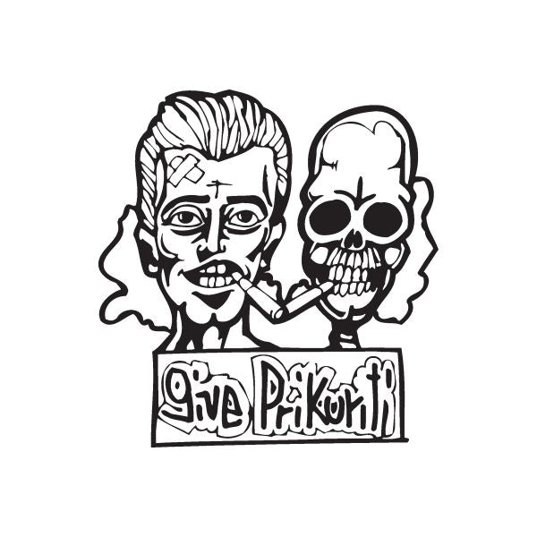 Vinyl wall decal showing a smiling man and skull faces with graffiti-style text