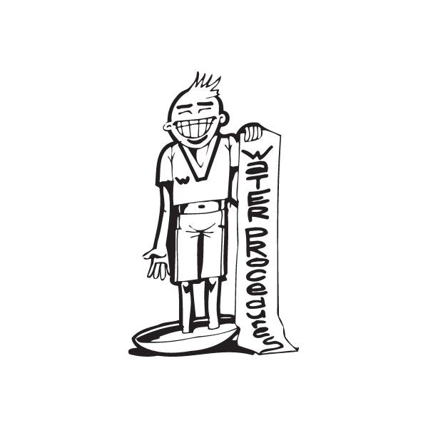 Vinyl wall decal of a smiling cartoon man holding a vertical sign with text