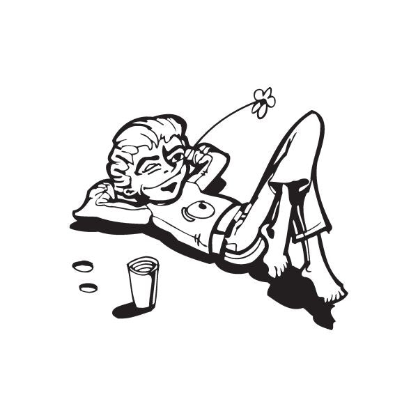Black vinyl wall decal with cartoon person resting, flower above head, and drink cup
