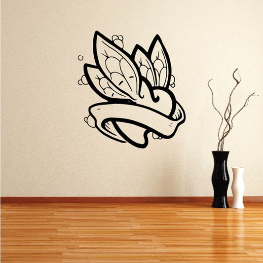 Memorial wall decal with angel wings and cross in black outline