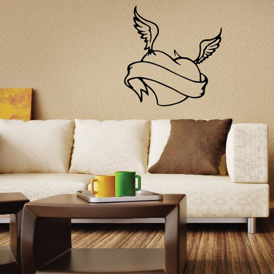 Angel wings wall decal with ribbon and dove-like figure, black outline