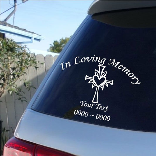 Memorial heart cross window decal with “In Loving Memory” and “Your Text”