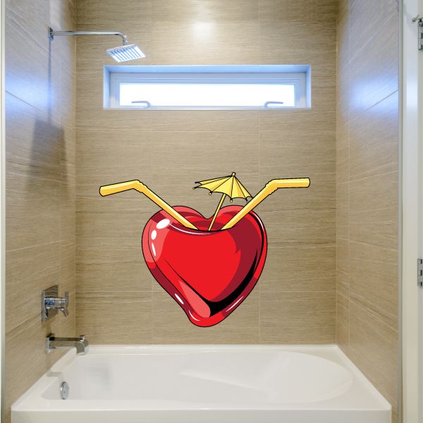 Valentine heart cup sticker with red cup, yellow straws, and small umbrella