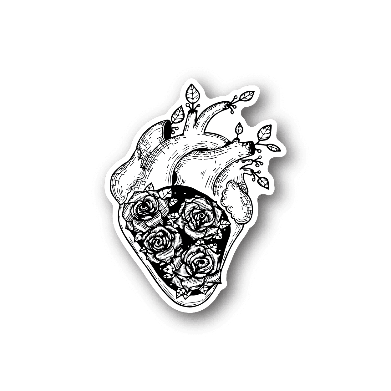 Heart-shaped vinyl sticker with roses and leaf details