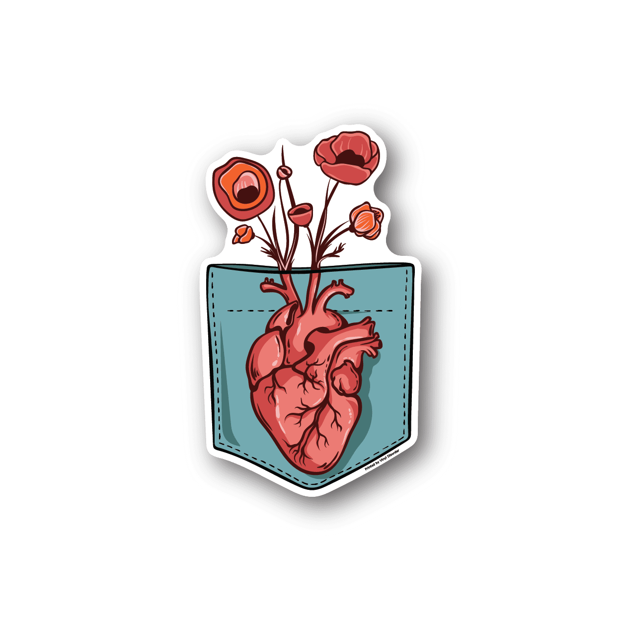 Heart growing flowers vinyl sticker with red roses and outlined teal heart patch