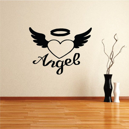 Angel wings heart wall decal with cursive Angel text