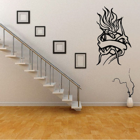 Black angel wings flame wall decal with cross and heart
