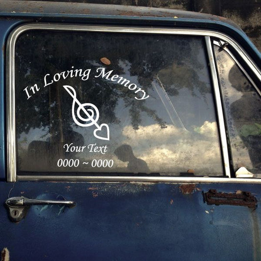 In Loving Memory decal with heart music note symbol and 'Your Text' placeholders