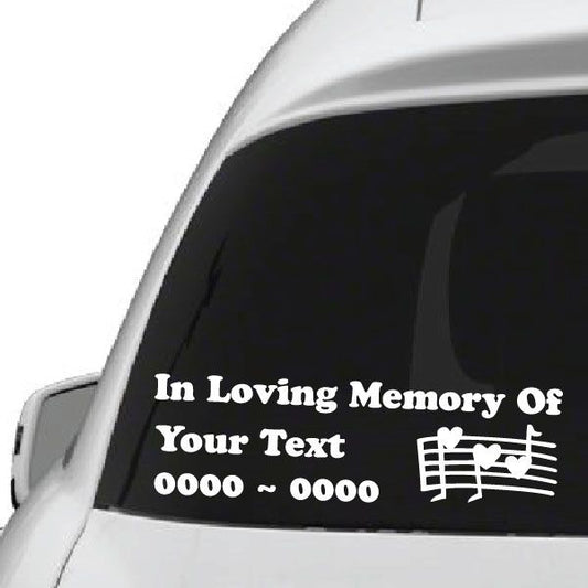 Memorial car decal with heart and music notes, text: "In Loving Memory Of Your Text"